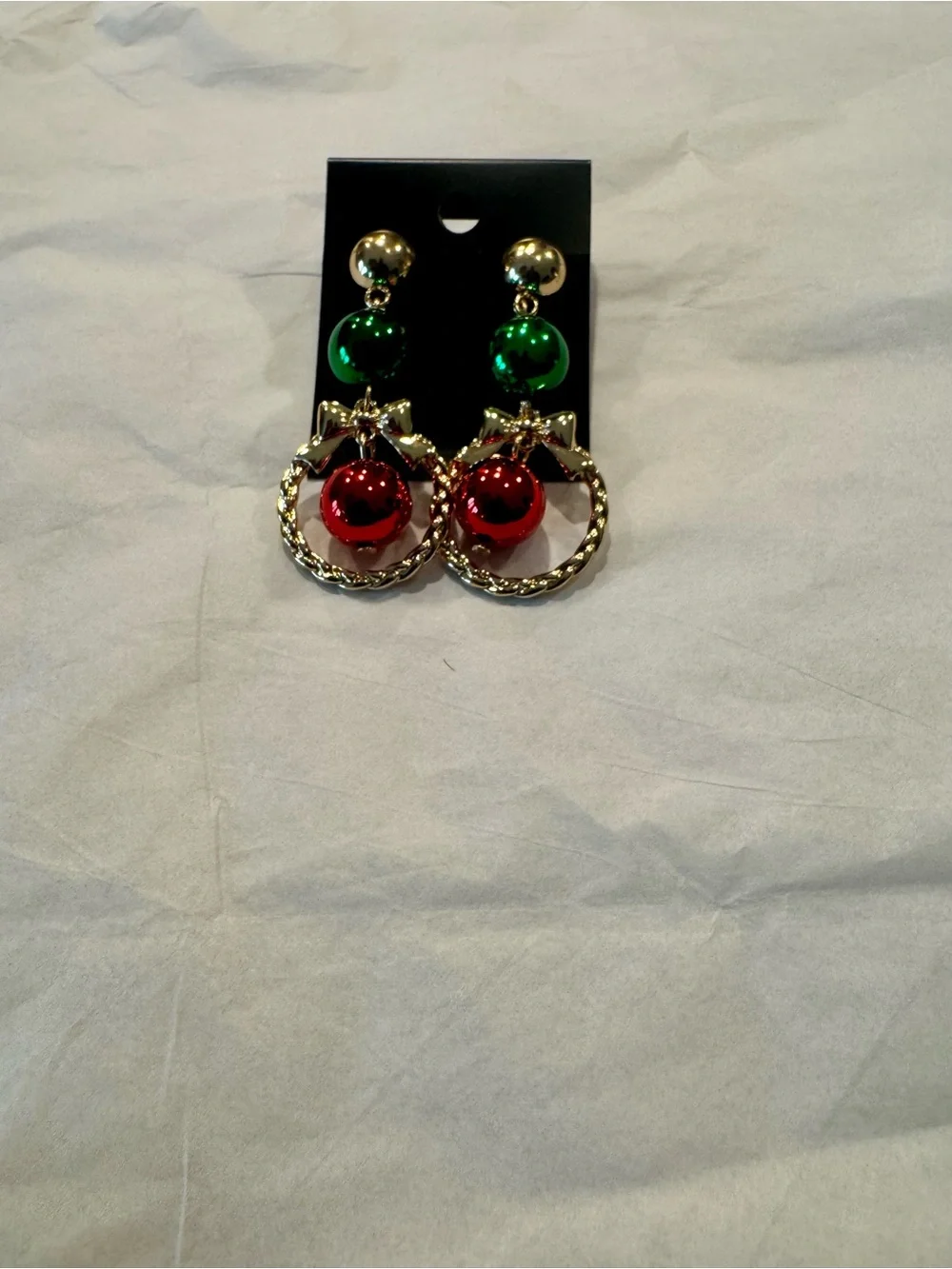 Festive Bow Drop Earrings with Green and Red Ornaments